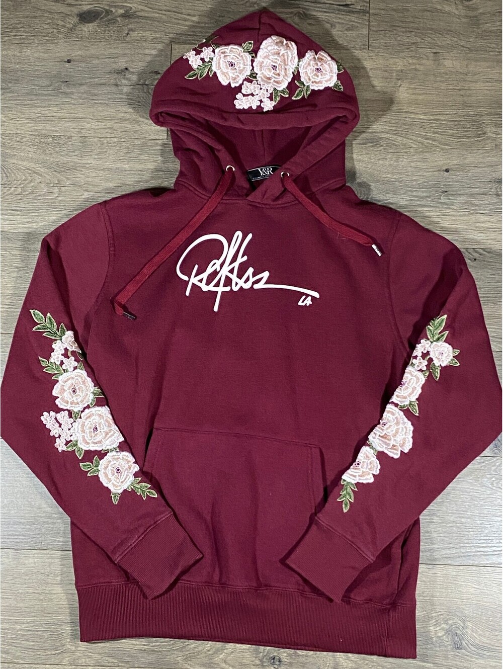 Young & Reckless Womens M Floral Embroidered Hoodie Burgundy Y&R Roses